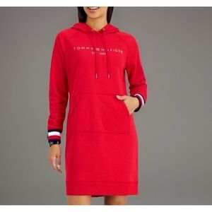 Tommy‎ Hilfiger Logo Hoodie Sweatshirt Dress Size M Red Cozy Streetwear Comfort